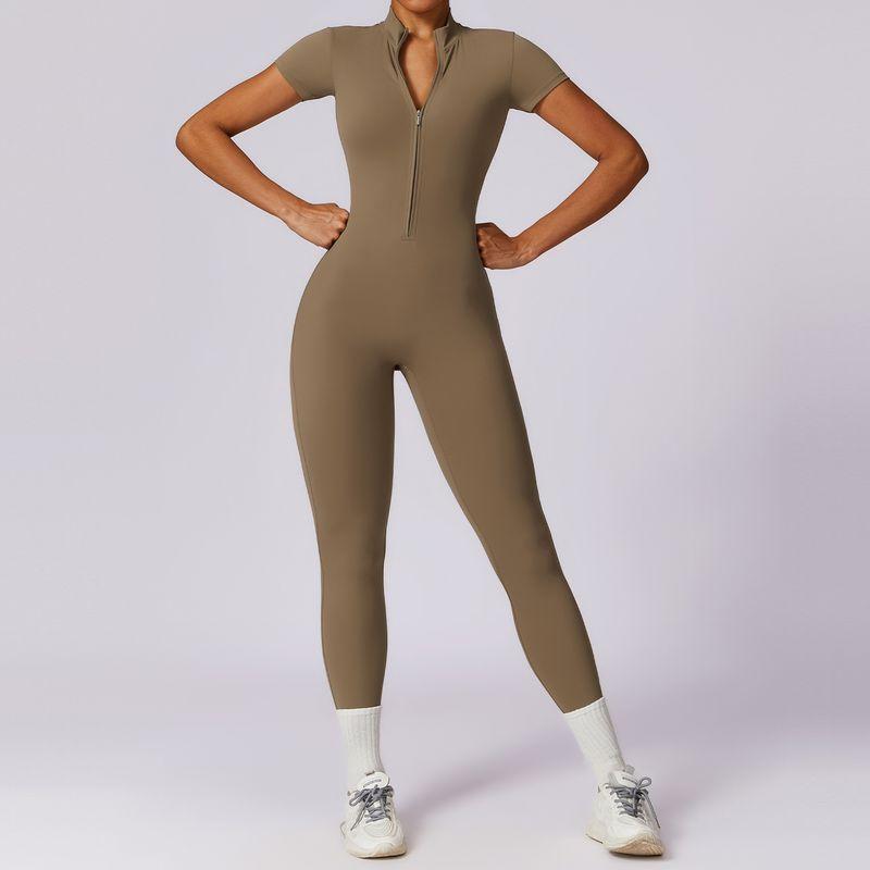 SK * IMS Kardashian Same Style Jumpsuit Zipper Short Sleeve Yoga Jumpsuit Women's Fitness Sports One-Piece Bodysuit