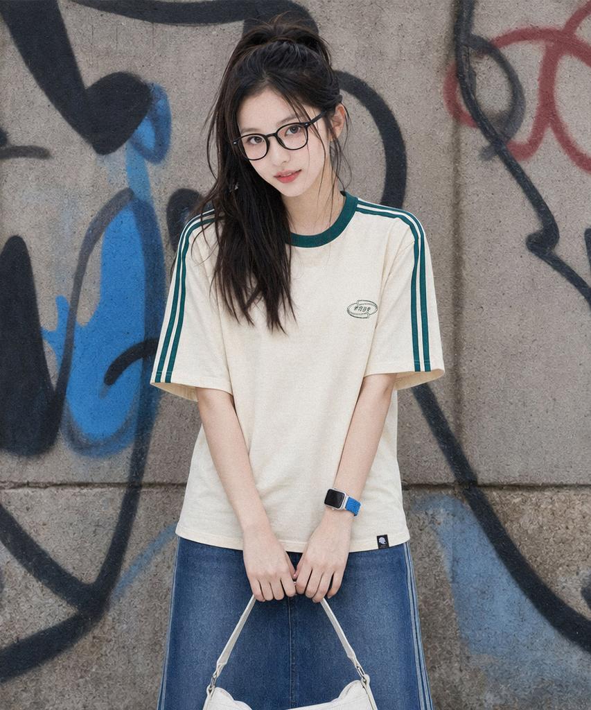 GHOST REPUBLIC Line Oversized Track Short Sleeve T-Shirt Gt-365_Cream