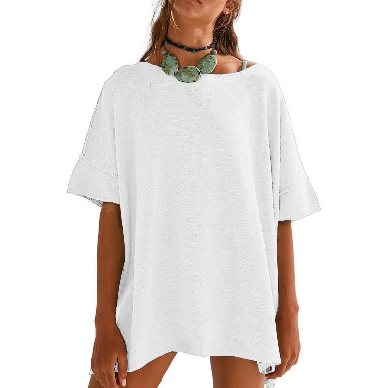 

Летний Новый Стиль Европейский и Американский Однотонный Свободный Круглый Вырез Отстрочка Рукав Пять Точек Женский Топ XXL белый