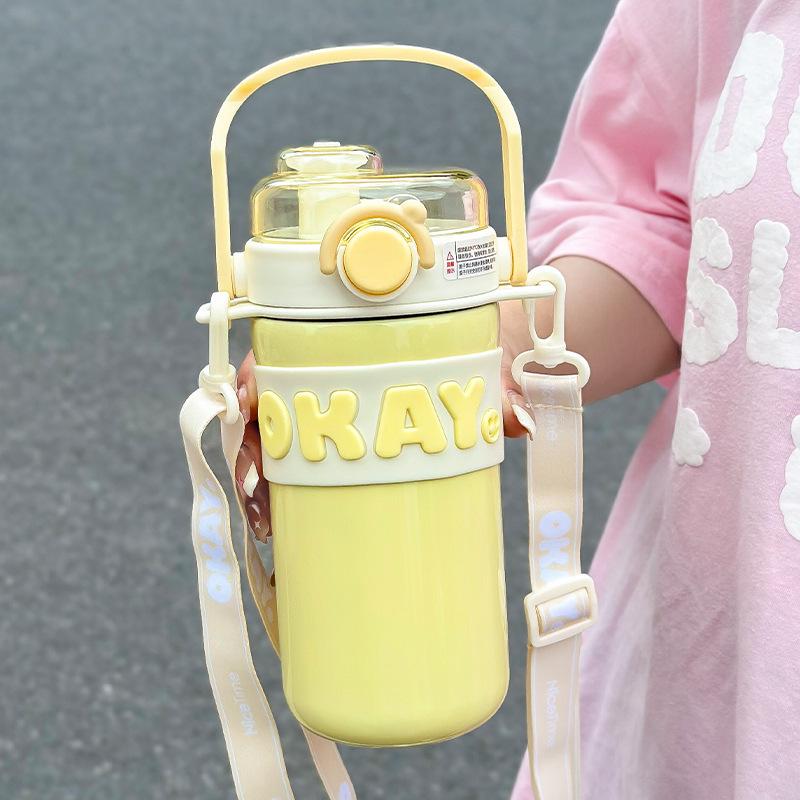 

Large Capacity 316 Stainless Steel Thermos Cup with Sports Strap, Dual Straw Design for Girls and Students