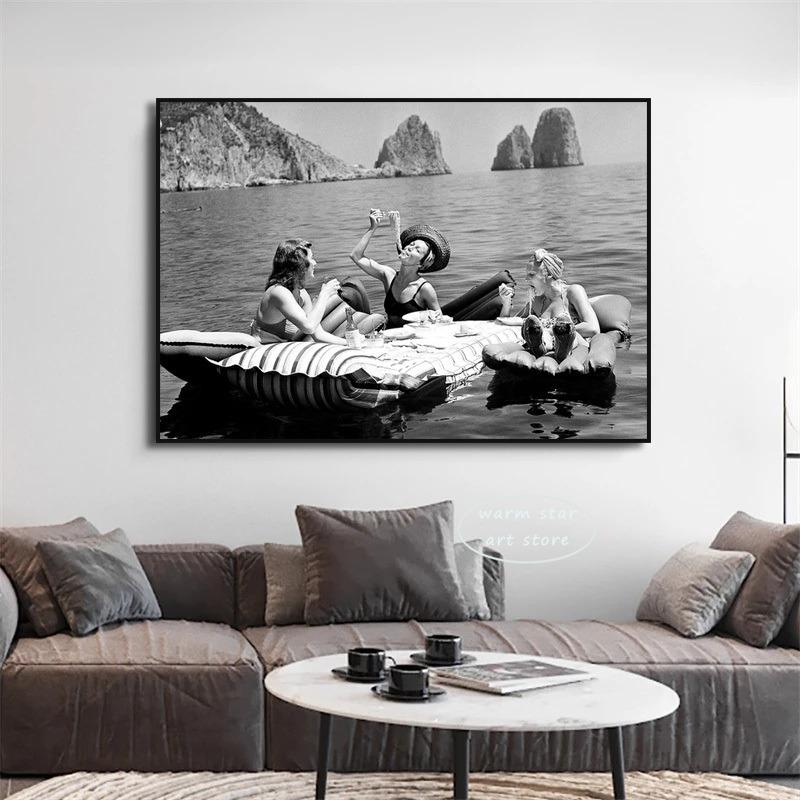 Vintage Black and White Cycling Surf Beach Photography Golf  Haircut Poster Print Women Eating Pasta Canvas Painting Home Decor
