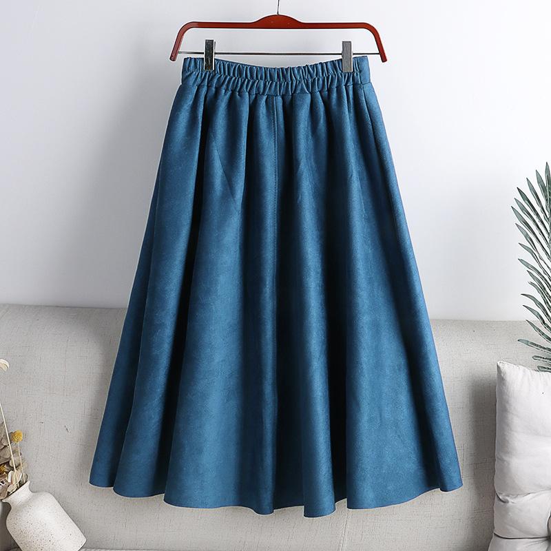 Pure Color Deer Skin Velvet Skirt Autumn and Winter Women's High Slender Elastic Mid-length A-line Skirt Female Skirt