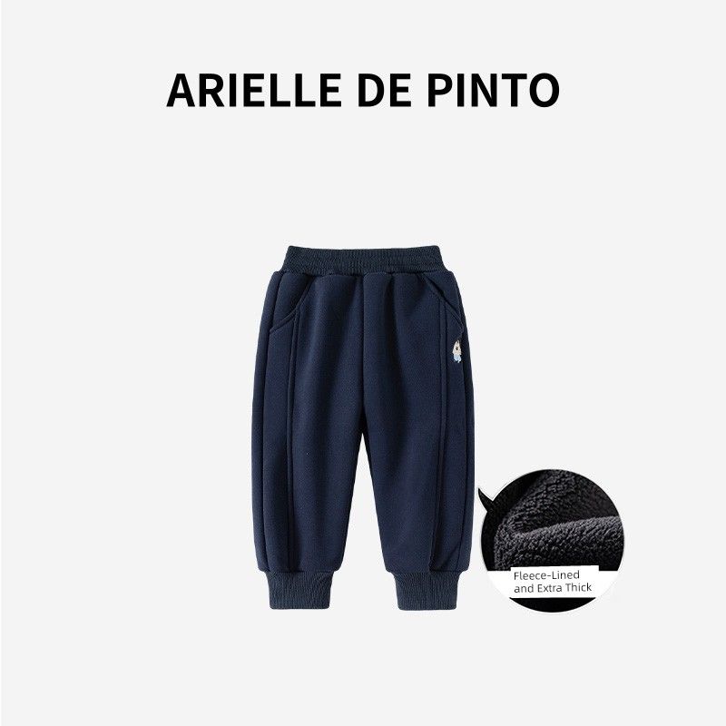 French Arielle De Pinto Boys Pants Autumn and Winter Thickened Fleece Pants Korean Style Cartoon Long Sweatpants Navy Blue Plus Velvet 100