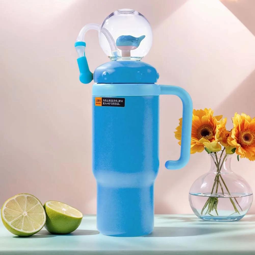 710ML Stainless Steel Whale Fountain Tumbler with Handle with Straw Drinking Cup Leak Proof Vacuum Cup for Baby Teens and Adults