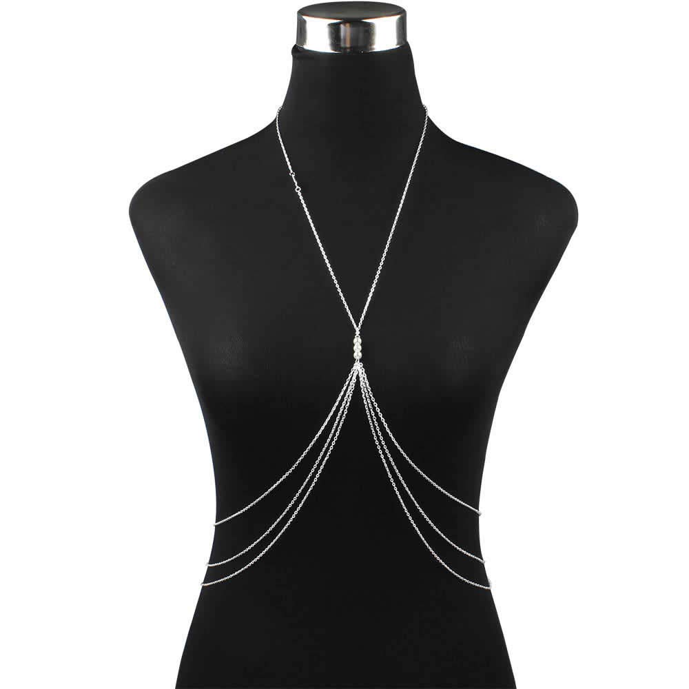 Pearl Cross Body Belly Waist Dance Choker with Imitation MT271 Women's 3-Strand Chain, Chain, Chain, Pearls, Silver,