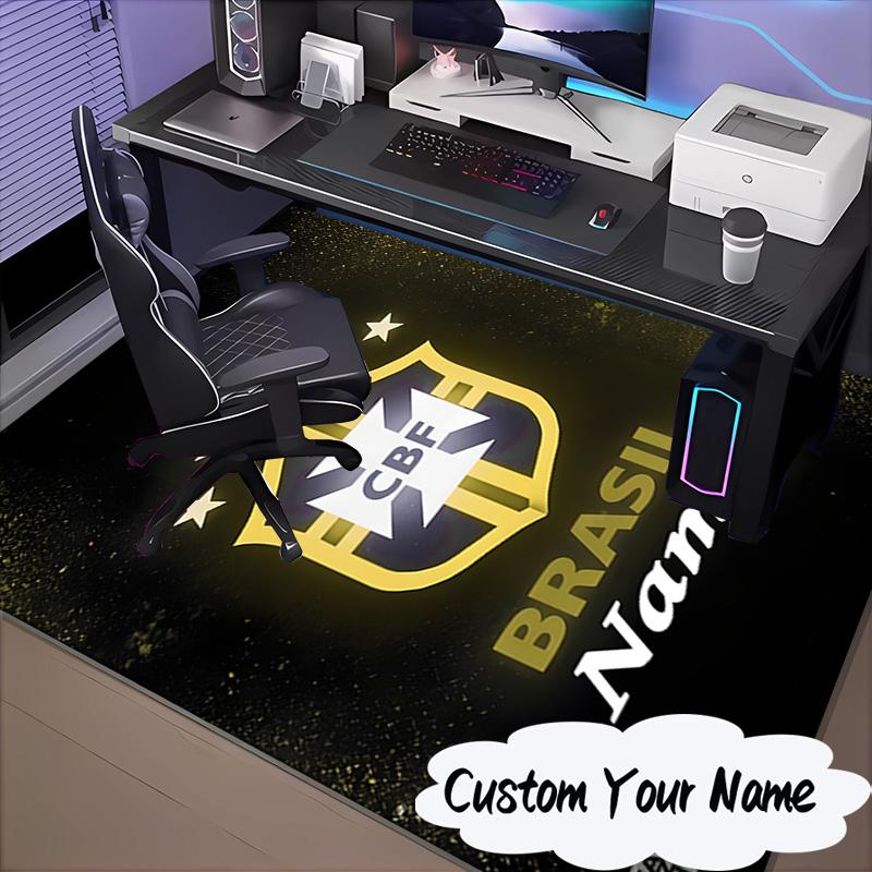 Custom Name Brasilian Pride Emblem Rug for Living Room, Game Rooms, Office, Bedroom, Floor Mat Playful Design, fan gifts Christmas decor