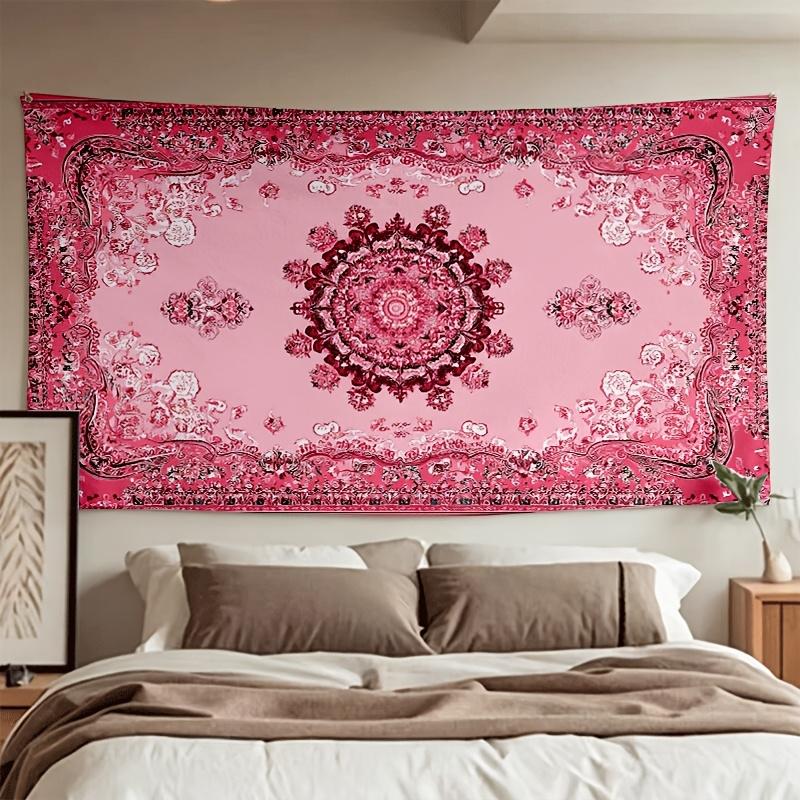 Pink Floral Mandala Tapestry 2D Digital Print Polyester Wall Hanging Living Room Bedroom Dorm Decor with Hooks