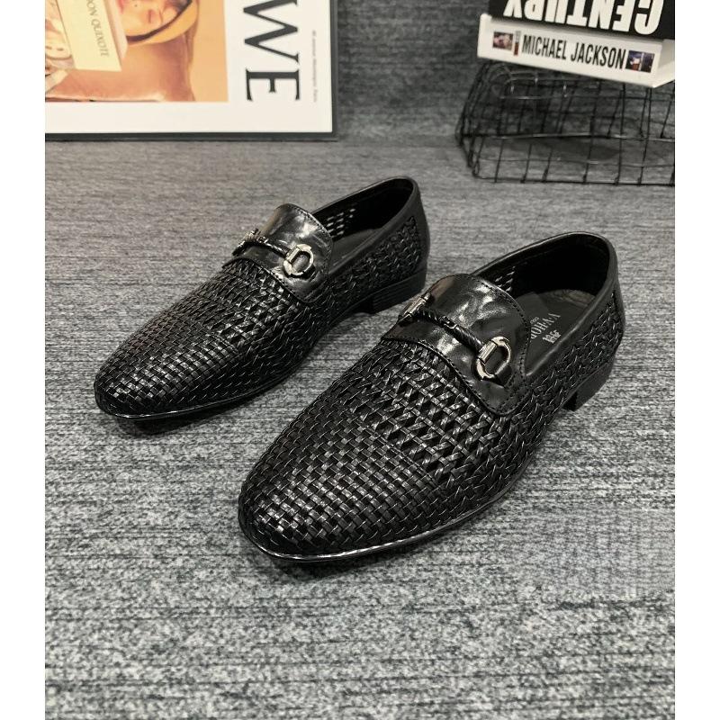 2025 spring new men's shoes leather woven loafers one pedal lazy beanie shoes men's casual leather shoes trend