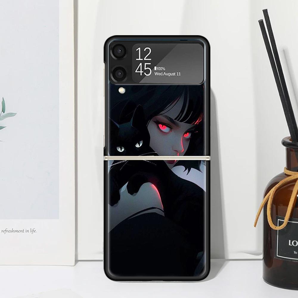 Anime Girls Cute Black Cat Phone Case Cover for Samsung Galaxy Z Flip 7 6 5 4 3 5G Flip3 Flip4 Flip5 ZFlip6 ZFlip7 Black Fundas