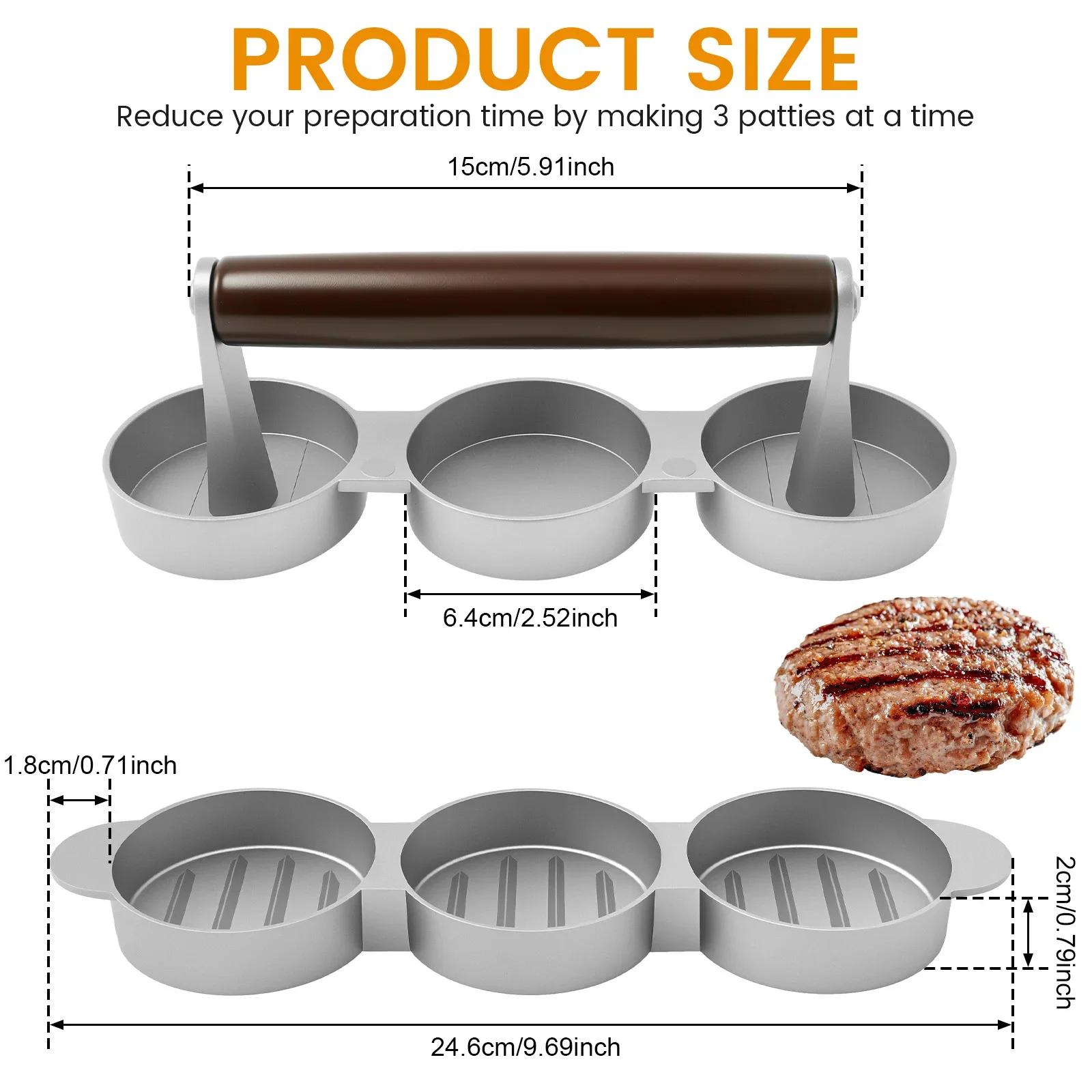 

2025 Hot Hamburger Patty Maker Press with Handle 3 Cavity Mold Stainless Steel Non-Stick Mold Thickness Adjusted Kitchen Bee срібний