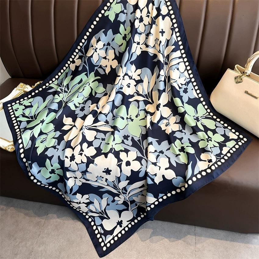 90Cm Luxury Fancy Square Scarf For Ladies Flower Print Silk Scarf Women Bandana Large Hijab Female Shawl Scarves Warps