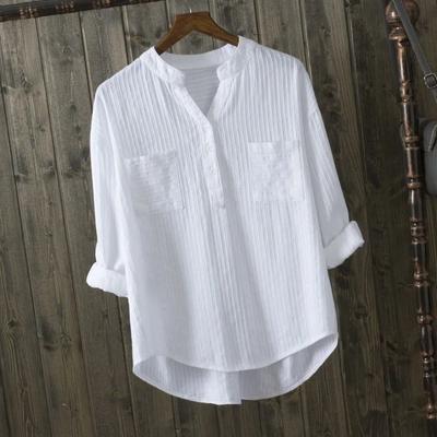 Camisa Blanca Mujer Manga Larga Ropa Exterior Diseño Casual Holgado Camisa Top Cuello en V