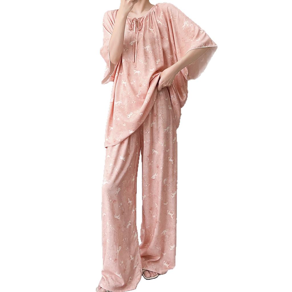 Cool loungewear women's summer thin short-sleeved cotton and silk pajamas can be worn outside, loose national style suit, advanced vacation style