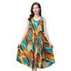 Rochie A-line din bumbac și in, fără mâneci, stil etnic mărime mare - Rochie de vară tip vestă cu imprimeu retro pentru femei