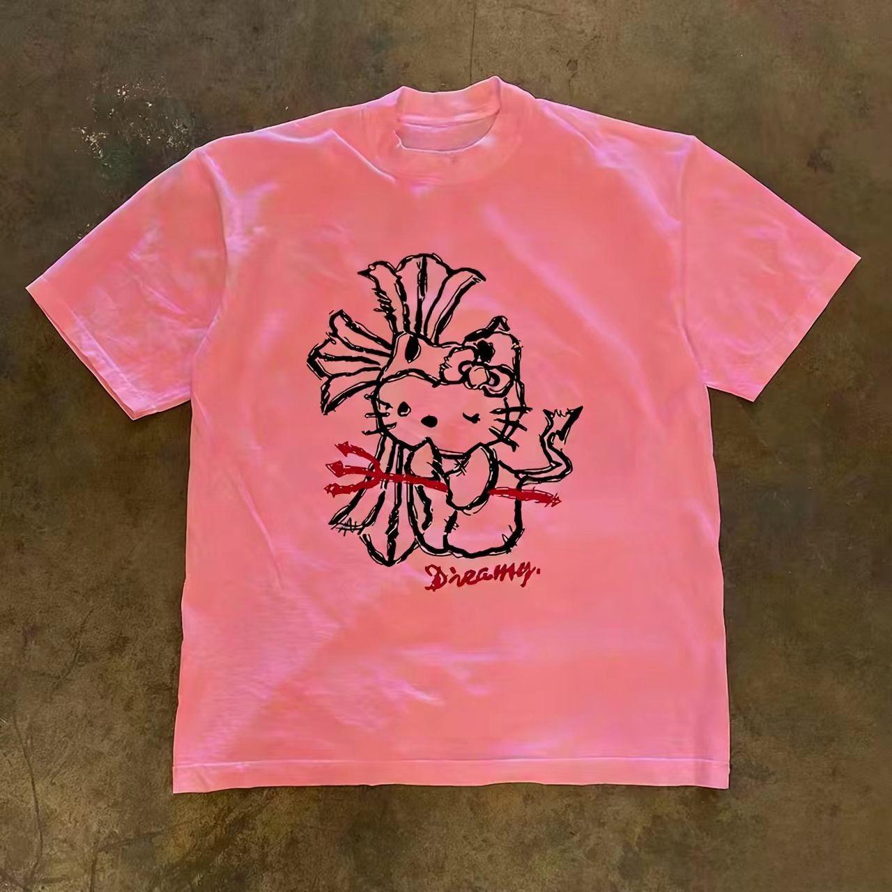 

Sanrios 2026Summer New Collection HelloKitty Cartoon Print Pure Cotton LooseFitting Breathable Womens ShortSleeved TShirt S