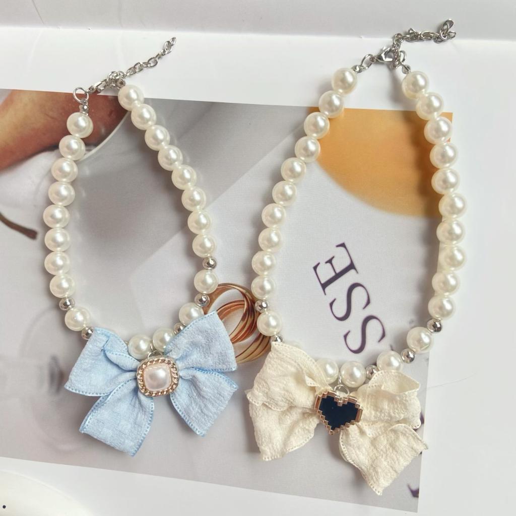 Cream Wind Pet Pearl Necklace Temperament Bow Elegant Princess Wind Cat Dog Accessories Kitten
