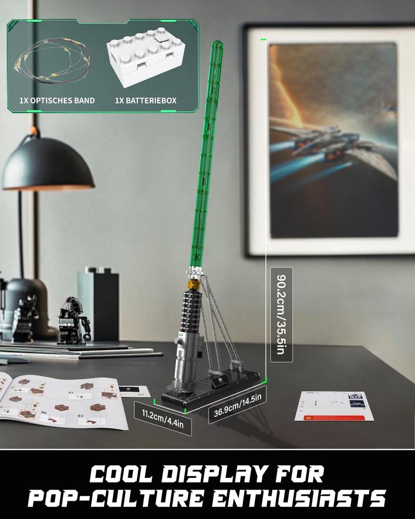 Mould King 10140 Technology MOC Lightwear Module Set - Classic Green Blade with Light Effects and Premium Stand, Creative Cosplay Anime Technology