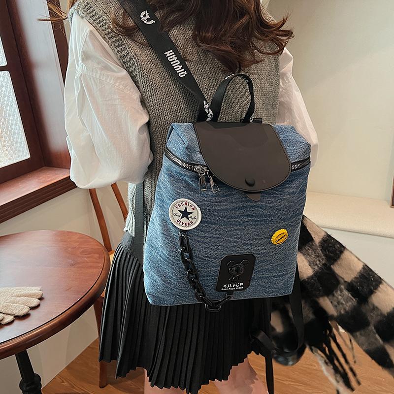 Denim Chain Small Backpack Women's Flip Bucket Bag Travel Backpack