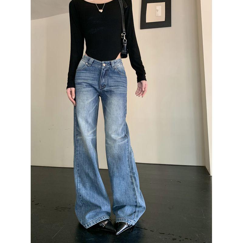 

Kumikumi American Style Sexy Distressed Low Waist Slightly Flared Jeans Women s Clothing Autumn Elegant All-Match Skinny Pants Blue L