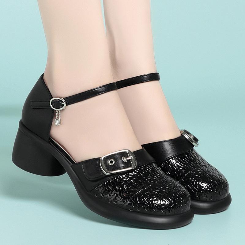 4cm Vintage Round Head Breathable Cutout Buckle Hole Shoes Summer Platform Sandals 2025 Med Block Heels Leather Sandals Office