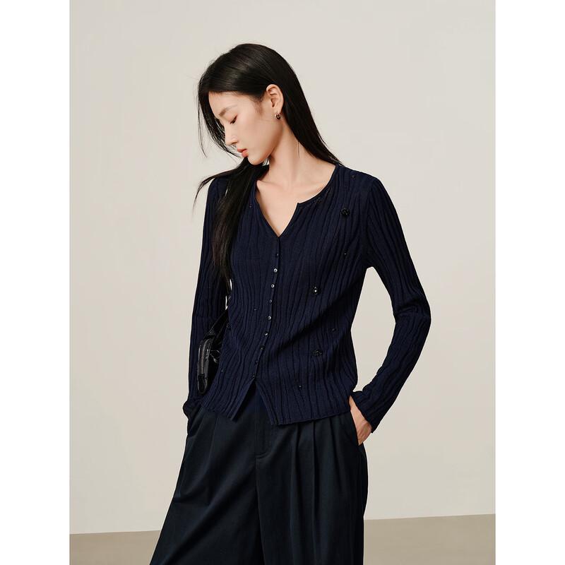 Elegant V-Neck Beaded Ribbed Knit Cardigan