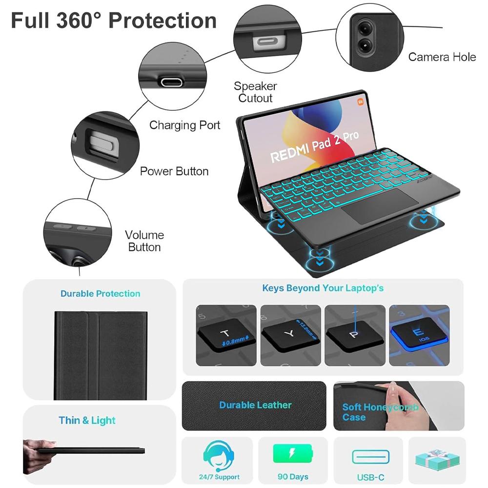 Etui do Redmi Pad 2 Pro 12.1/Redmi Pad Pro 12.1 cala, Pokrowiec z klawiaturą Bluetooth dla POCO Pad 12.1 cala