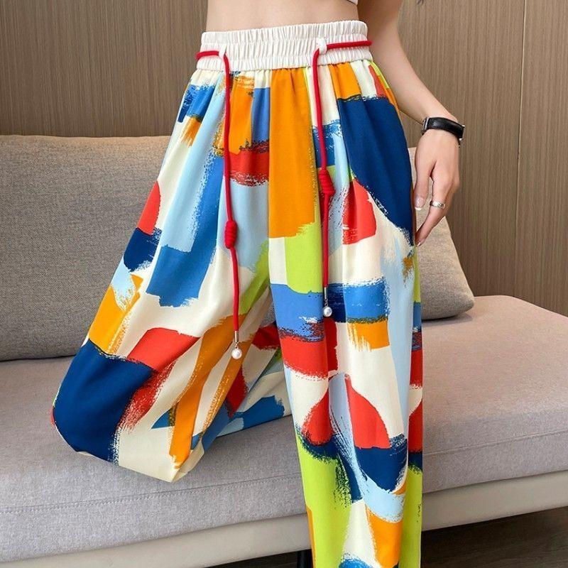 Wide-leg Pants for Women In Spring and Summer Thin New Chinese Style Chinese Style Ink Printing Ice Silk Casual Pants