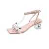In the autumn of 22, the new square head French crystal thick heel rhinestone flower with a high heel