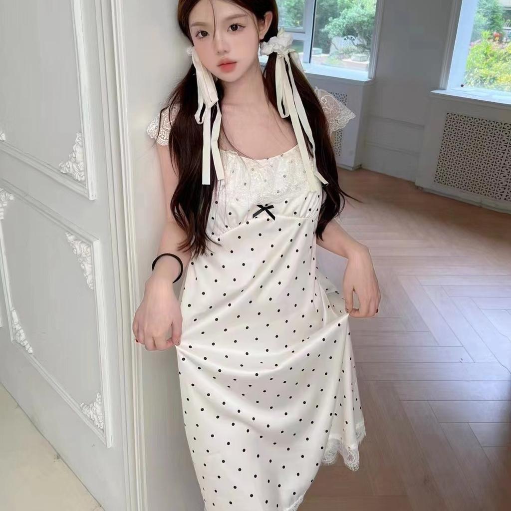 New pajamas women's ice silk thin summer with chest pad polka dot pattern pure desire style silk loungewear long dress