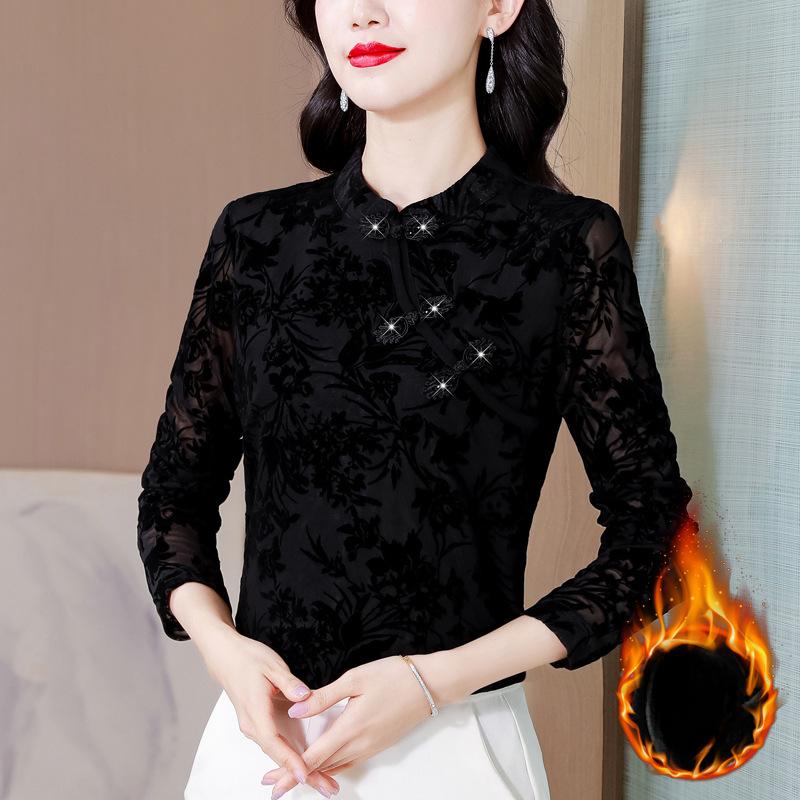 New Chinese Style Buckle Plus Velvet Autumn and Winter Base Shirt for Women Black Shirt T-shirt Warm Flocking Mesh Mother Top