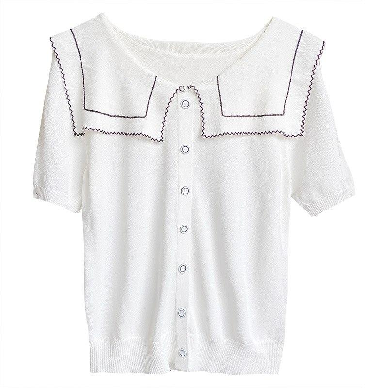 Pulover tricotat cu guler bleumarin de vară pentru femei Tricou Topuri cu mânecă scurtă cu nasturi Culoare uni cu dungi Alb liber