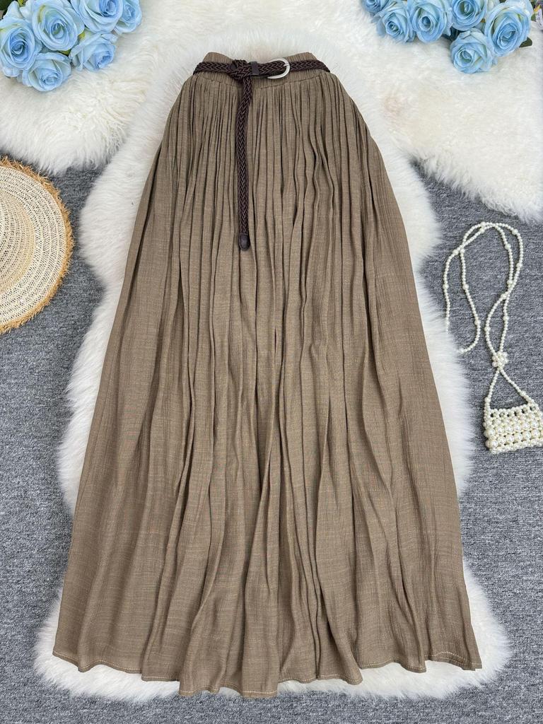European & American A-line Pleated Cotton Linen Skirt with Elastic Waist - Mid-Length, Versatile, Women's