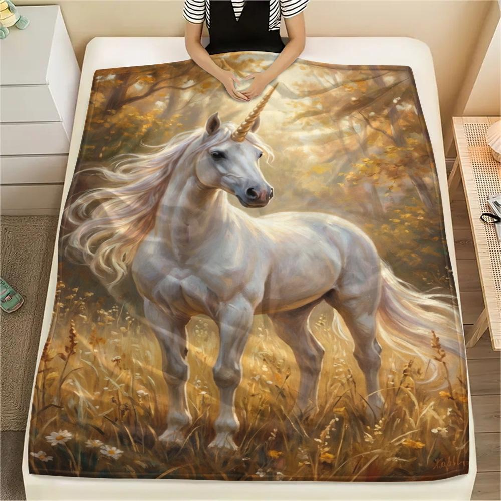 1PC Cute unicorn Print FlAannel Blanket, High quality Comfortable for All Seasons, Home Decor, Warmth and Comfort