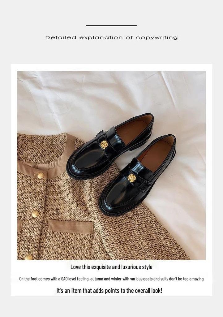 Women's Chunky Heel Gold Coin Loafers: Round Toe, Soft Sole, Slip-On Single Shoes for Autumn/Winter.