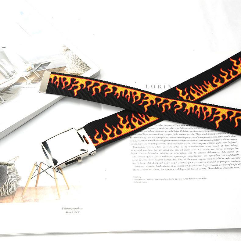 Fashionable Pattern Flame Metal Buckle Decoration Men Casual Woven Canvas Belt