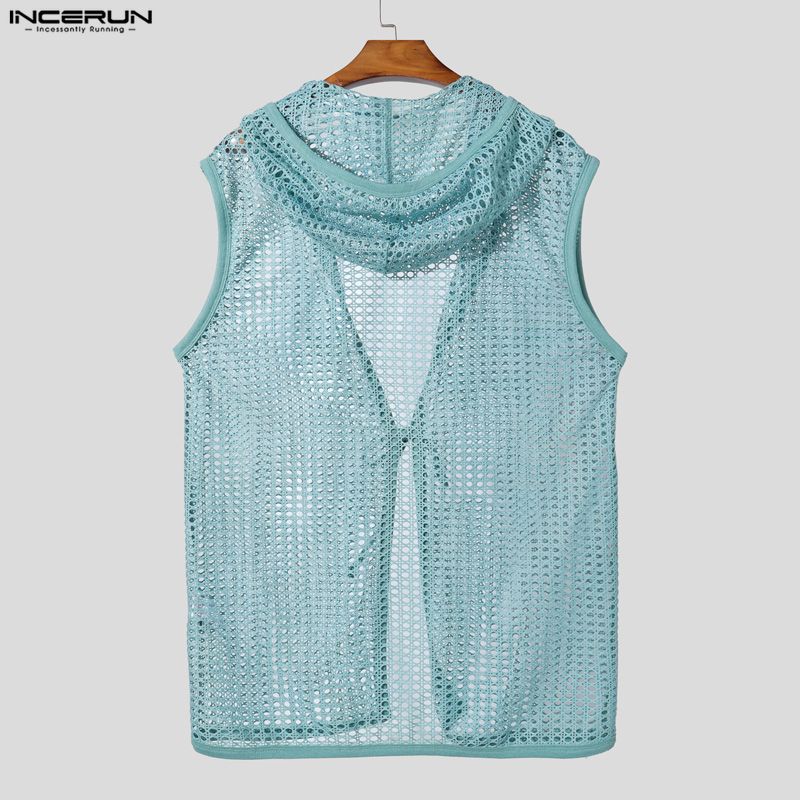 INCERUN Herren Mesh Durchsichtig Kapuzenweste Ärmellos Durchsichtig Strandurlaub Cardigan Tanktops