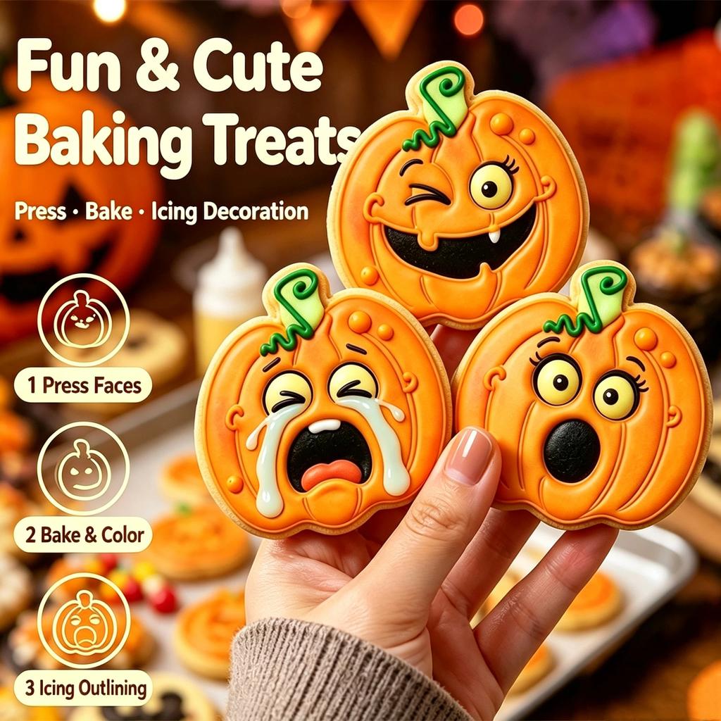Halloween Pumpkin Face Cookie Cutters Press‑Type Baking Molds Cartoon Expression Stamp Mould for Fondant Pastry DIY Baking Party Decoration