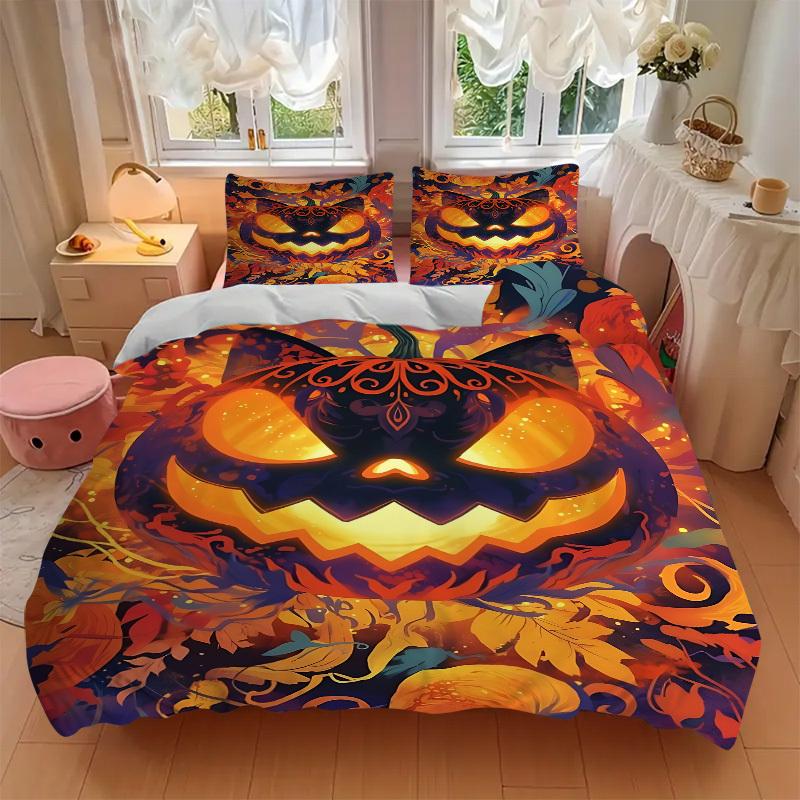 3pc Pumpkin Halloween Cover Set - 1 Quilt Cover + 2 Pillowcases, All Seasons Bedroom Setting, Perfect for Home008