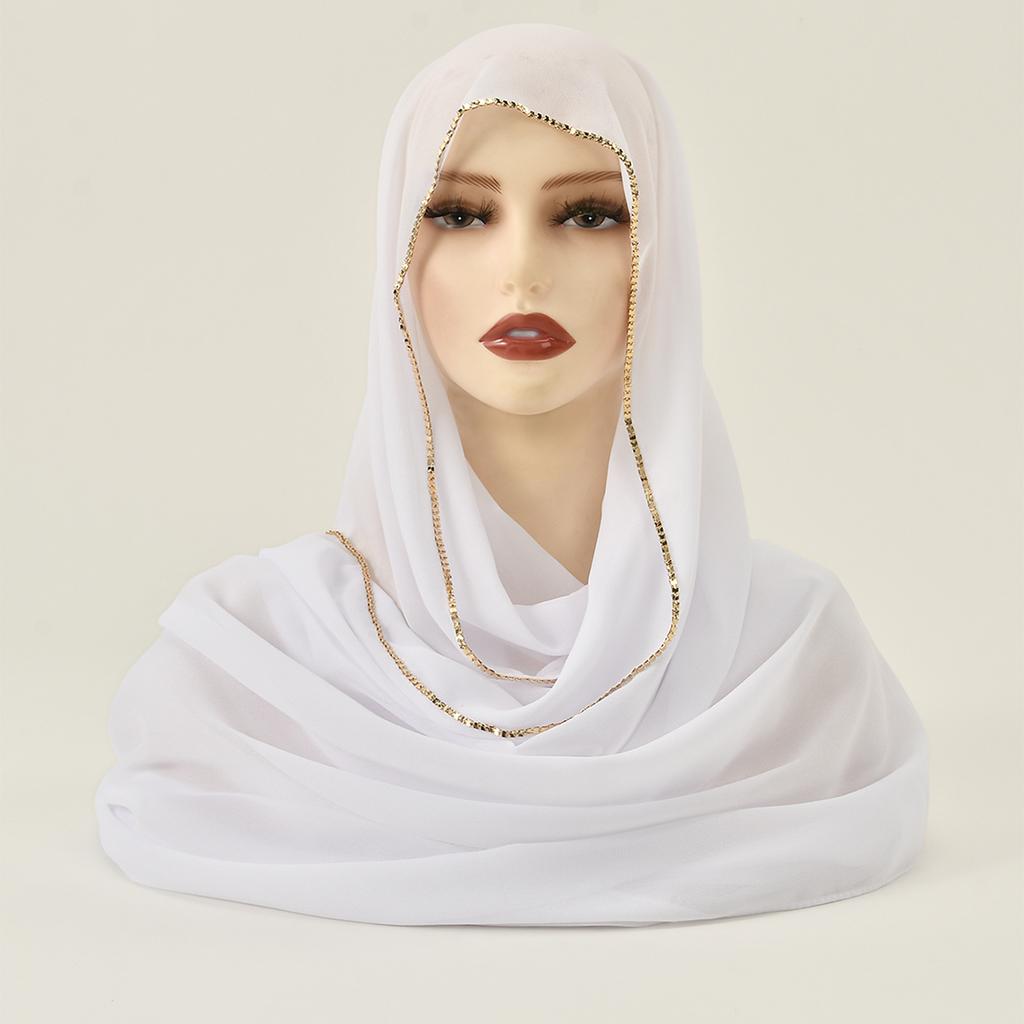 Muslim Chiffon Hijab Women Glitter Chain Edge Premium Chiffon Scarf Solid Color Plain Shawl Unique Edge Design Headscarf Wraps