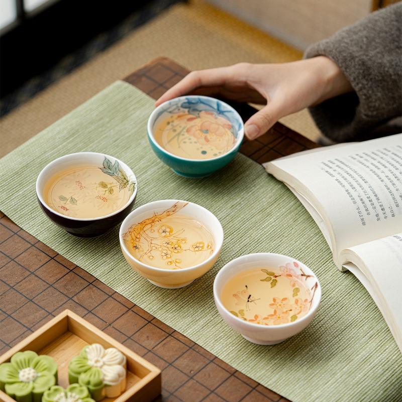 Hand Painted Famille Rose Porcelain Tea Cup Spring Summer Autumn Winter Set Chinese Gongfu Tea Ceremony Personal Cup