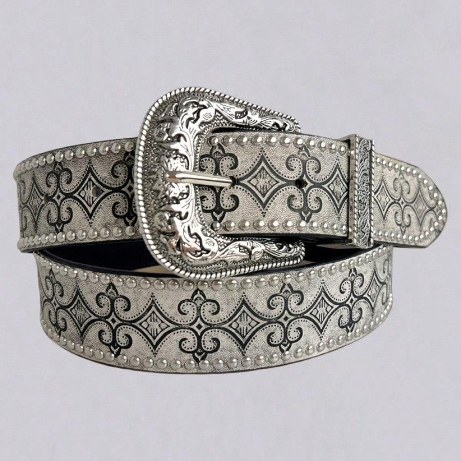 Retro Western Denim Belt with Pattern Rivet Texture Embossed Nail Beads