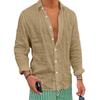 Men's Long Sleeve Linen Beach Shirt - Solid Color, Casual, Turn-Down Collar, Spring/Summer Wear