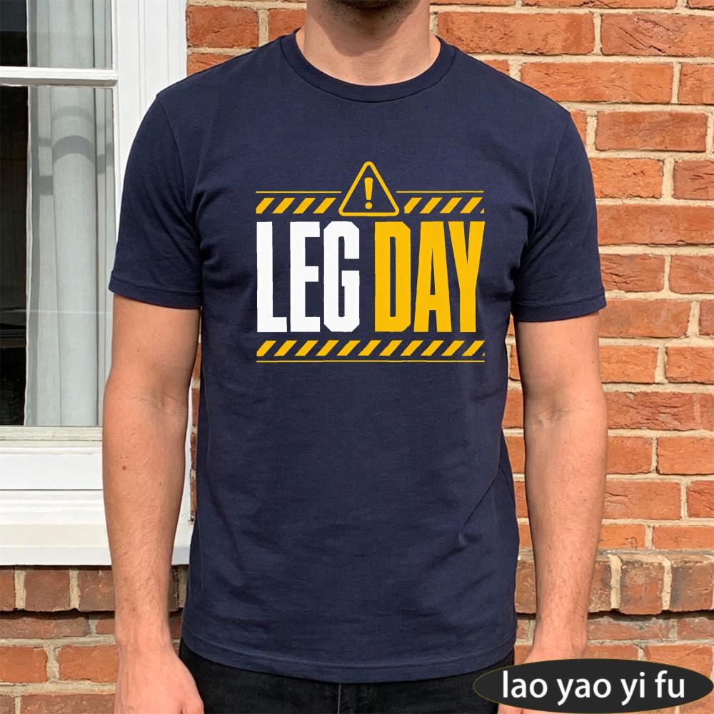 LEG DAY Crew Neck Mens Cotton Tee Yellow Caution Strip Warning Graphic Gym Training Holiday Ca