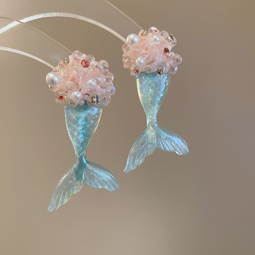Cute Fishtail Drop Earrings Pearl Beach Style Earrings Sweet Mermaid Resin Earrings  Beach