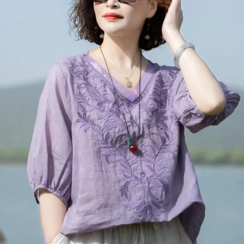 Summer Women's Literary Vintage Embroidery Cotton Linen Shirt Ladies Half Sleeve Loose Casual Blouse Women's Clothing Tops