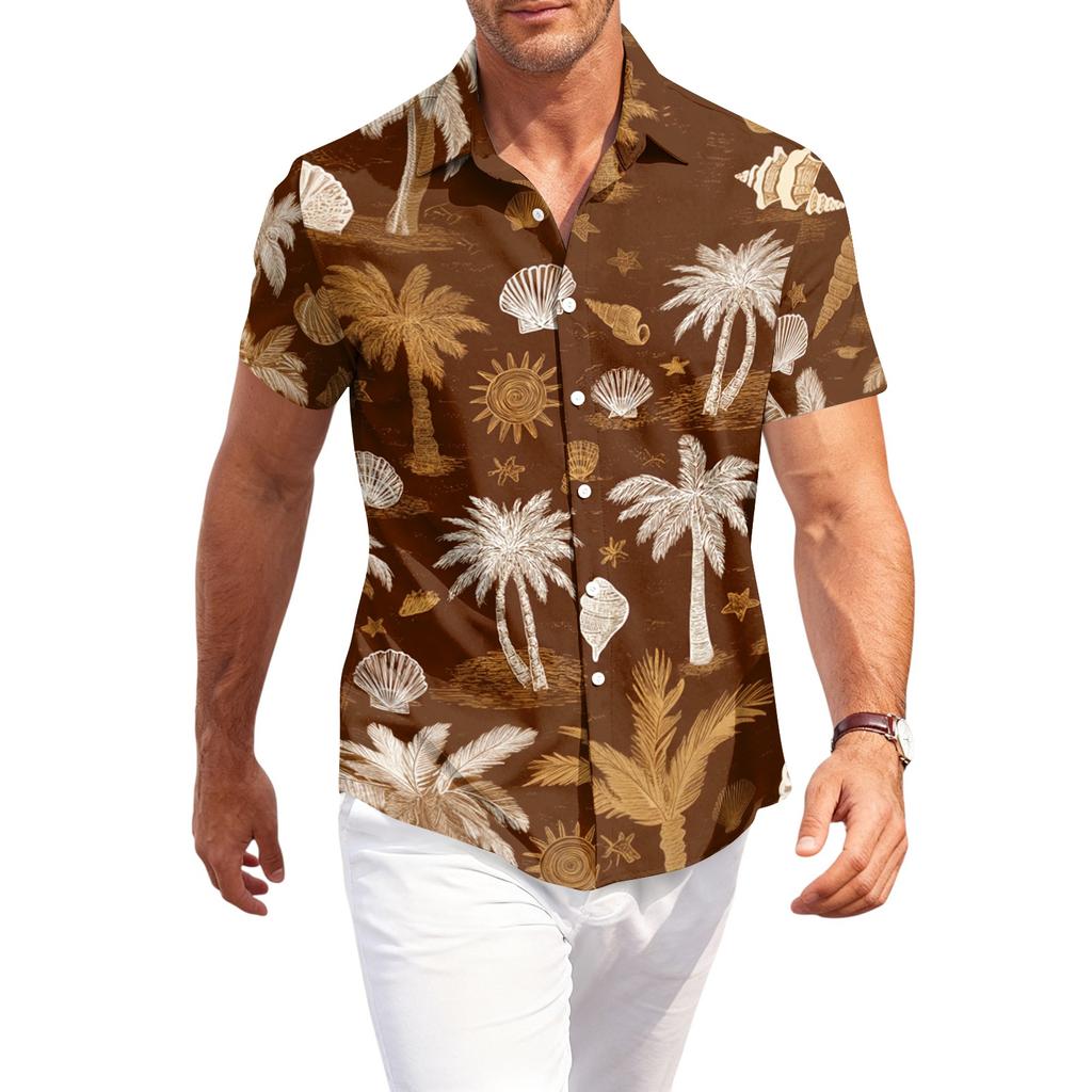 Men's Casual Short Sleeve Button Down Shirt Loose Fit Printed Tropical Palm Tree Pattern Lightweight Summer Beach Shirt