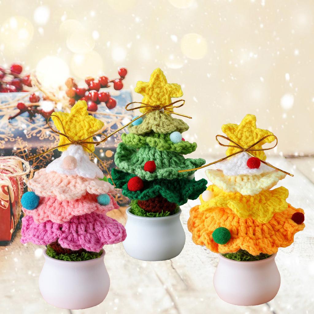 Mini Árbol de Navidad Tejido Simulación Árbol de Navidad de Ganchillo Adorno Bonsái para Centro Comercial Tienda Decoración del Hogar Verde