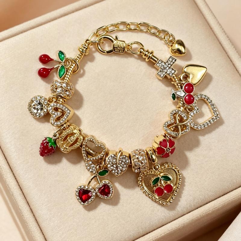 Y2K Gold Plated Charm Bracelet With Sparkling Rhinestone Cherry Heart Pendant Trendy Luxury Beaded Jewelry For Women Gifts