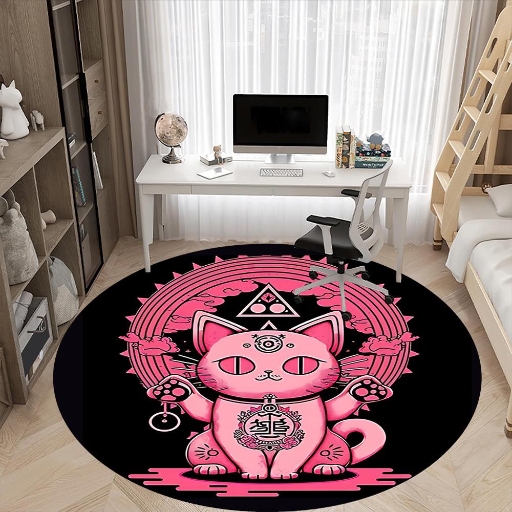 1pc Pink Cat Mandala Office Round Area Rug, Under Office Chairs Bedroom Living Room Home Decor, Room Deco