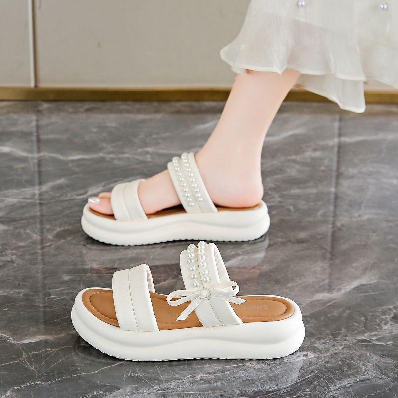 Bow open-toed thick-bottomed cool slippers for women's summer new muffin bottom casual pearl beach cool slippers for women